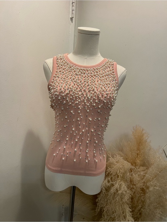 Lizze collection Tops - Sleeveless Pearl-Embellished Pink Knit Top